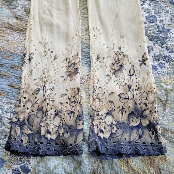 She Fly | Cream Sheer Blue Floral Flare Pants - Picture 5 of 9